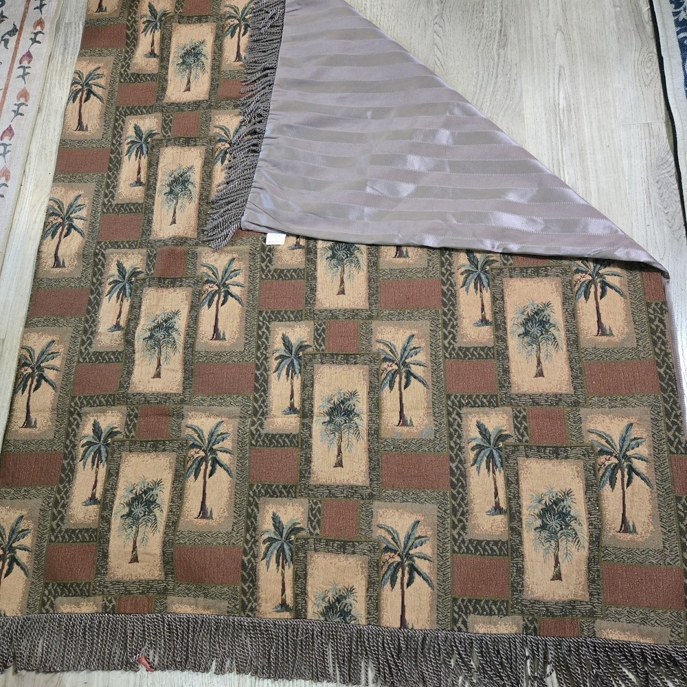 Vtg Tropical Palm Trees Motif Tapestry Bed Runner Blanket Fringed Satin Reverse‎